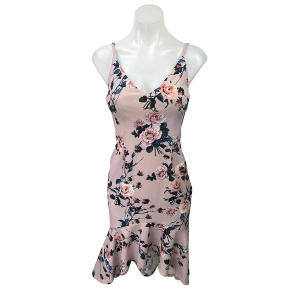 AQUA Pink Multi Floral Sleeveless Ruffle V Neck Stretch Mini Sheath Dress Sz XS - Picture 1 of 4